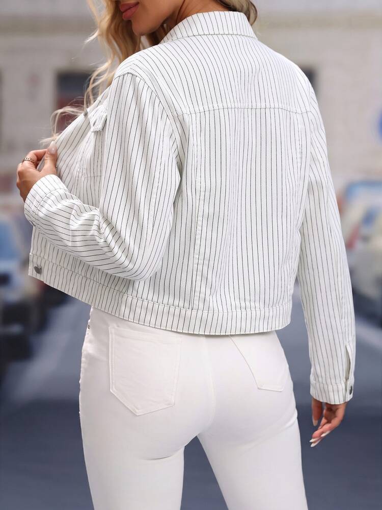 EMERY ROSE Chaqueta vaquera casual de manga larga con rayas y abotonadura sencilla para mujer - Blanco - Añade 2