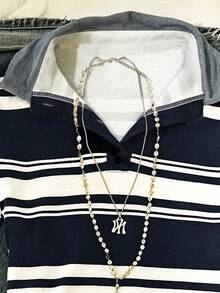 IslaSuriya 女款戶外休閒海岸風保守運動 Polo 衫，夏季海軍藍與白色條紋印花、花卉印花，適合辦公室、度假、海灘 - 彩色 - 查看 3