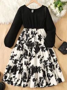 SHEIN Tween Girl Floral Print Colorblock Casual Daily Summer Dress - Black - View 1