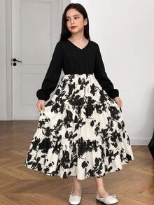 SHEIN Tween Girl Floral Print Colorblock Casual Daily Summer Dress - Black - View 3