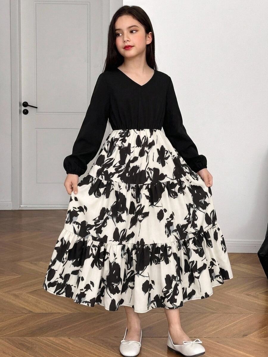 SHEIN Tween Girl Floral Print Colorblock Casual Daily Summer Dress - Black - View 1