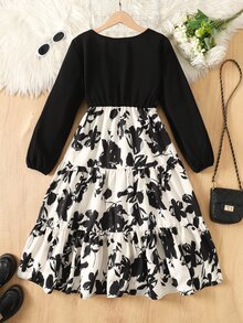 SHEIN Tween Girl Floral Print Colorblock Casual Daily Summer Dress - Black - View 2