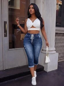 Slaydiva Jeans de Talla Grande Casuales Estilo Años 90 Lavados con Cintura de Cordón Ajuste Delgado Azul Claro para Citas de Brunch Verano - Azul - Ver 3