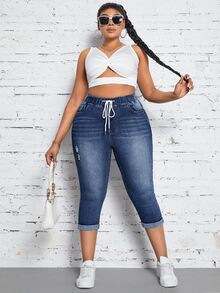 Slaydiva Jeans de Talla Grande Casuales Estilo Años 90 Lavados con Cintura de Cordón Ajuste Delgado Azul Claro para Citas de Brunch Verano - Azul - Ver 9