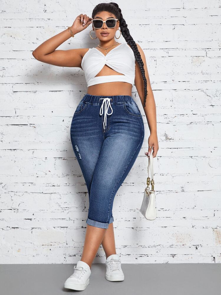 Slaydiva Plus Size Casual 90s Washed Drawstring Waist Slim Fit Jeans Brunch Dates Light Blue Summer - Blue - View 4