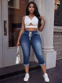 Slaydiva Jeans de Talla Grande Casuales Estilo Años 90 Lavados con Cintura de Cordón Ajuste Delgado Azul Claro para Citas de Brunch Verano - Azul - Ver 2