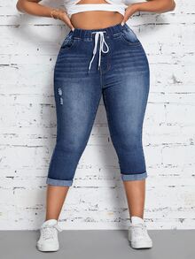 Slaydiva Jeans de Talla Grande Casuales Estilo Años 90 Lavados con Cintura de Cordón Ajuste Delgado Azul Claro para Citas de Brunch Verano - Azul - Ver 7