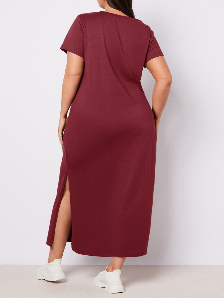 BrightlyHer Plus Size Women Solid Color Round Neck Short Sleeve Side Slit Hem Casual Soft Form Dress Formal Office Vacation Burgundy Summer - Burgundy - View 3
