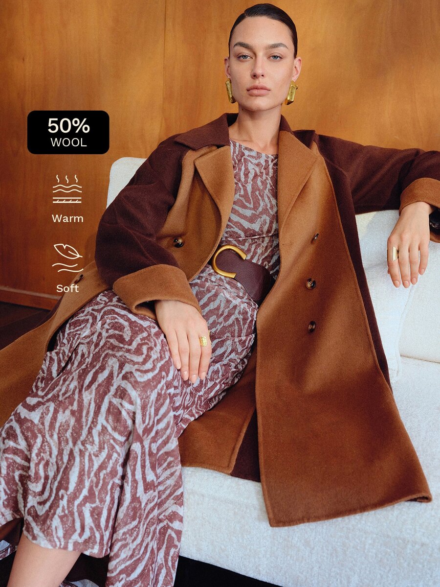 MOTF WOMEN'S WOOL FASHION COLORBLOCK DOUBLE-FACED BELTED OVERCOAT - Camel - View 1