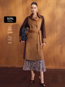 MOTF WOMEN'S WOOL FASHION COLORBLOCK DOUBLE-FACED BELTED OVERCOAT - Camel - View 6