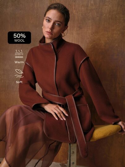MOTF PREMIUM WOMEN'S AUTUMN/WINTER WOOL DOUBLE-FACED WOOL BLEND LEATHER TRIM SHORT JACKET COAT