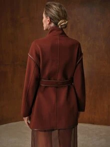 MOTF PREMIUM WOMEN'S AUTUMN/WINTER WOOL DOUBLE-FACED WOOL BLEND LEATHER TRIM SHORT JACKET COAT - Coffee Brown - View 6