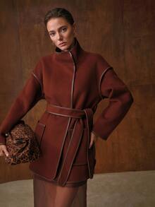 MOTF PREMIUM WOMEN'S AUTUMN/WINTER WOOL DOUBLE-FACED WOOL BLEND LEATHER TRIM SHORT JACKET COAT - Coffee Brown - View 5