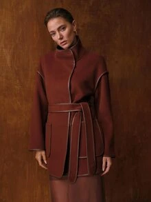 MOTF PREMIUM WOMEN'S AUTUMN/WINTER WOOL DOUBLE-FACED WOOL BLEND LEATHER TRIM SHORT JACKET COAT - Coffee Brown - View 7