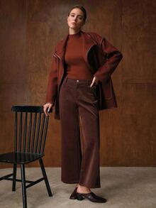 MOTF PREMIUM WOMEN'S AUTUMN/WINTER WOOL DOUBLE-FACED WOOL BLEND LEATHER TRIM SHORT JACKET COAT - Coffee Brown - View 4