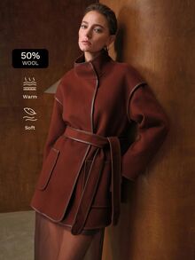 MOTF PREMIUM WOMEN'S AUTUMN/WINTER WOOL DOUBLE-FACED WOOL BLEND LEATHER TRIM SHORT JACKET COAT - Coffee Brown - View 1