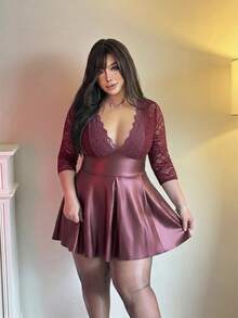 Vibekara Plus Size Sexy PU Leather A-Line Lace Patchwork Dress Fall - Burgundy - View 5