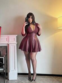 Vibekara Plus Size Sexy PU Leather A-Line Lace Patchwork Dress Fall - Burgundy - View 4