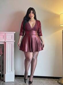 Vibekara Plus Size Sexy PU Leather A-Line Lace Patchwork Dress Fall - Burgundy - View 3