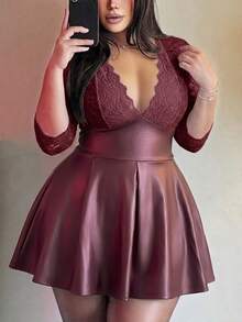 Vibekara Plus Size Sexy PU Leather A-Line Lace Patchwork Dress Fall - Burgundy - View 1
