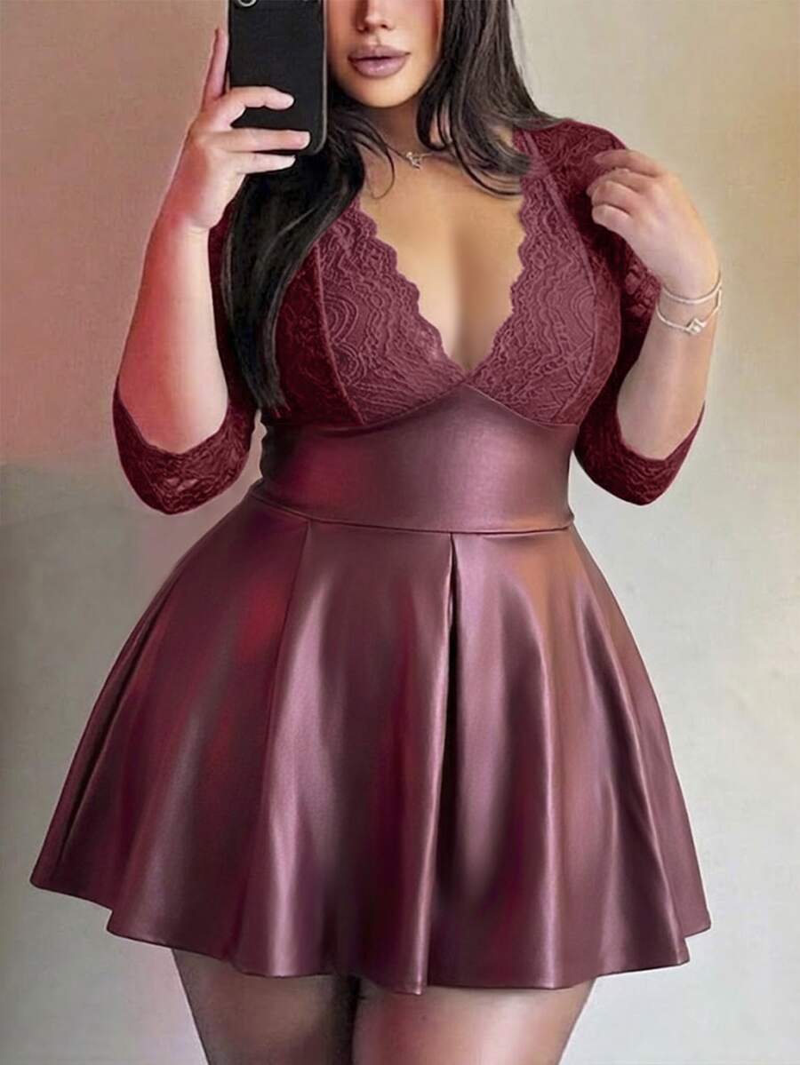 Vibekara Plus Size Sexy PU Leather A-Line Lace Patchwork Dress Fall - Burgundy - View 1