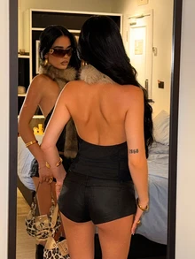 AfricaSnchz Y2K Sexy Faux Leather Coated Low Waist Mini Shorts - Black - View 4