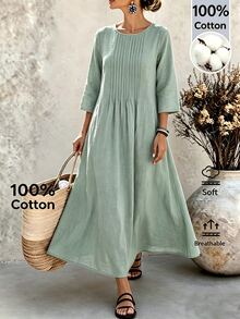 Ceyna Plus Size Women's New Fashion Round Neck 3/4 Sleeve Long Linen Green Pleated Casual Loose Dress Fall - Green - View 6