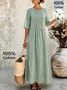 Ceyna Plus Size Women's New Fashion Round Neck 3/4 Sleeve Long Linen Green Pleated Casual Loose Dress Fall - Green - View 5