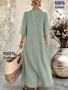 Ceyna Plus Size Women's New Fashion Round Neck 3/4 Sleeve Long Linen Green Pleated Casual Loose Dress Fall - Green - View 2