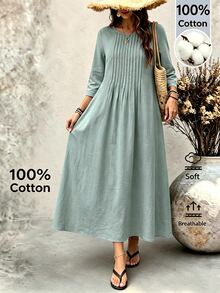 Ceyna Plus Size Women's New Fashion Round Neck 3/4 Sleeve Long Linen Green Pleated Casual Loose Dress Fall - Green - View 4