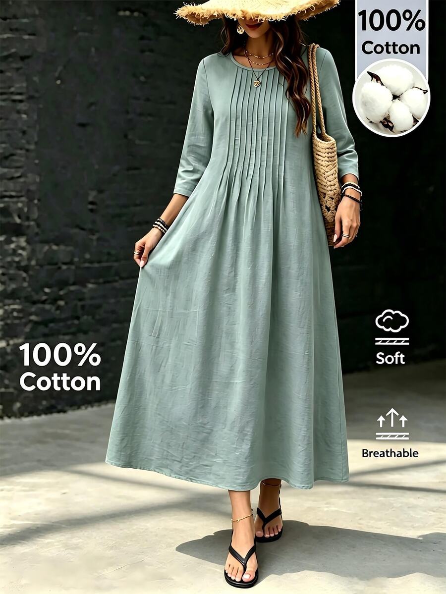 Ceyna Plus Size Women's New Fashion Round Neck 3/4 Sleeve Long Linen Green Pleated Casual Loose Dress Fall - Green - View 1