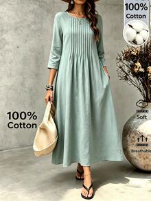 Ceyna Plus Size Women's New Fashion Round Neck 3/4 Sleeve Long Linen Green Pleated Casual Loose Dress Fall - Green - View 3