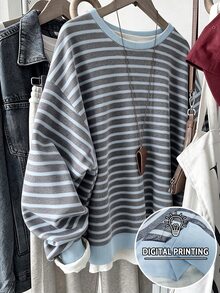 Resyla 韩版时尚百搭彩色条纹图案卫衣，适合外套、摄影、露营、秋季、冬季、返校，女士常规圆领 - 彩色 - 查看 1