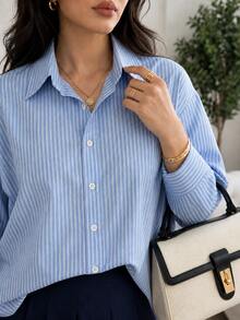 Solavon Women's Plus Size Casual Commute Striped Shirt - Blue and White - View 2