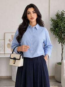 Solavon Women's Plus Size Casual Commute Striped Shirt - Blue and White - View 4