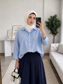 Solavon Women's Plus Size Casual Commute Striped Shirt - Blue and White - View 8