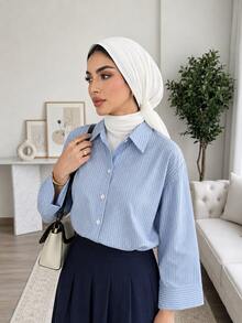 Solavon Women's Plus Size Casual Commute Striped Shirt - Blue and White - View 5