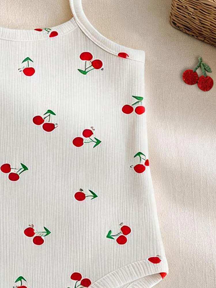 Baby Girl Casual Cute Polka Dot Cherry Print, Adorable Baby Girl Pattern, Comfortable Spaghetti Strap Romper Suitable For Spring, Summer And All Seasons - Multicolor - View 5
