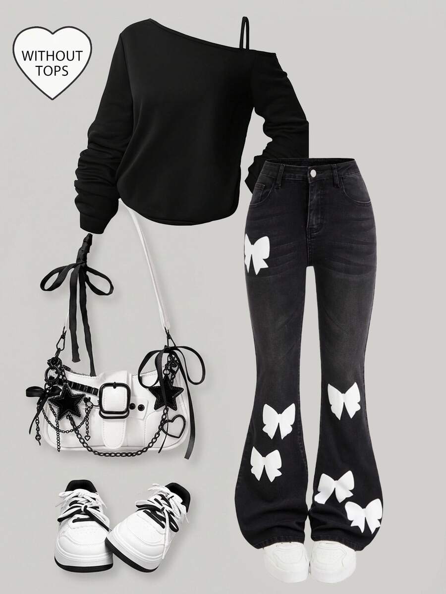 SHEIN Teen Girls Y2K Punk Retro Vintage Embroidered Wings & Rhinestone Decorated Stretchy Flared Jeans - Black - View 1