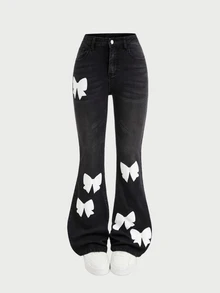 SHEIN Teen Girls Y2K Punk Retro Vintage Embroidered Wings & Rhinestone Decorated Stretchy Flared Jeans - Black - View 5