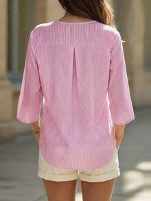 EMERY ROSE Camisa de algodón casual de mujer con cuello en V y mangas 3/4 a rayas - Rojo - Ver 2