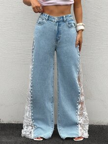 Rivivi 刺繡網布拼接珠飾裝飾寬腿牛仔褲 - 藍色 - 查看 3
