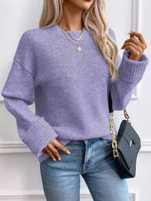SHEIN Franclia 女款新款紫色圓領套頭毛衣，簡約時尚百搭 - 紫色 - 查看 5