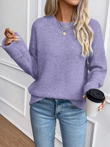 SHEIN Franclia 女款新款紫色圓領套頭毛衣，簡約時尚百搭 - 紫色 - 查看 4