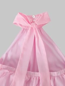 SHEIN Sparklyn 青少年女孩純色荷葉邊時尚掛脖洋裝 - 粉色 - 查看 4