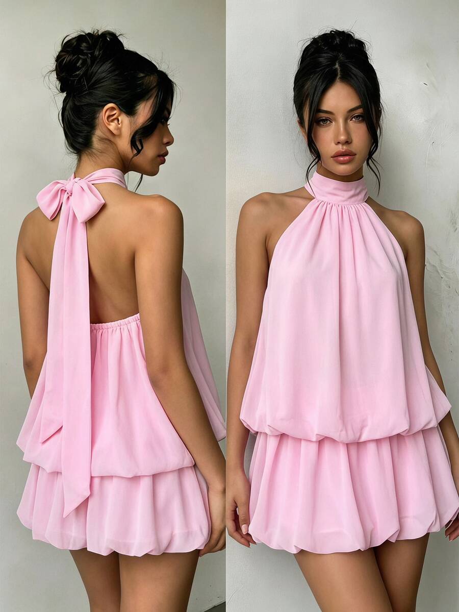 SHEIN Sparklyn 青少年女孩純色荷葉邊時尚掛脖洋裝 - 粉色 - 查看 1