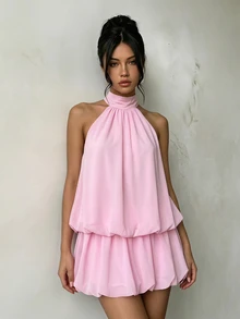 SHEIN Sparklyn 青少年女孩純色荷葉邊時尚掛脖洋裝 - 粉色 - 查看 3