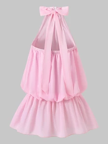 SHEIN Sparklyn 青少年女孩純色荷葉邊時尚掛脖洋裝 - 粉色 - 查看 2