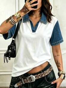 EMERY ROSE Casual Style Minimalist Design Loose Fit V-Neck Short Sleeve T-Shirt, Plus Size - Multicolor - View 3