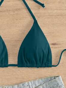 Swim Basics Women's Solid Color Halter Neck Tie Bikini Top For Beach Vacation - Teal Blue - View 5